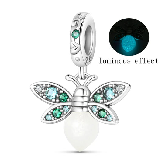 🌙✨ 925 Sterling Silver Luminous Firefly Charm – Green Zircon Bead Pendant ✨🌙