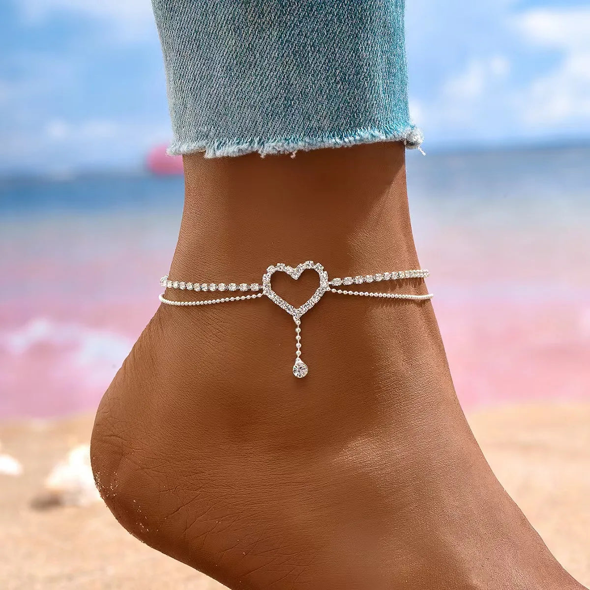 💖✨ Shiny Bling Heart Tassel Anklet – Double Layer Summer Foot Chain ✨🏖️