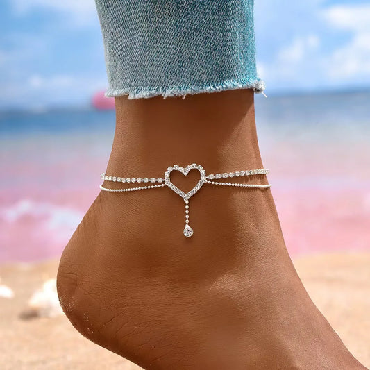 💖✨ Shiny Bling Heart Tassel Anklet – Double Layer Summer Foot Chain ✨🏖️