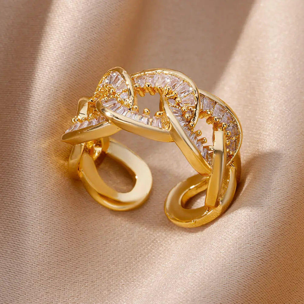 Gold Plated Crystal Zircon Ring - Chain Geometry Stainless Steel Jewelry