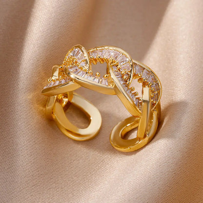 Gold Plated Crystal Zircon Ring - Chain Geometry Stainless Steel Jewelry