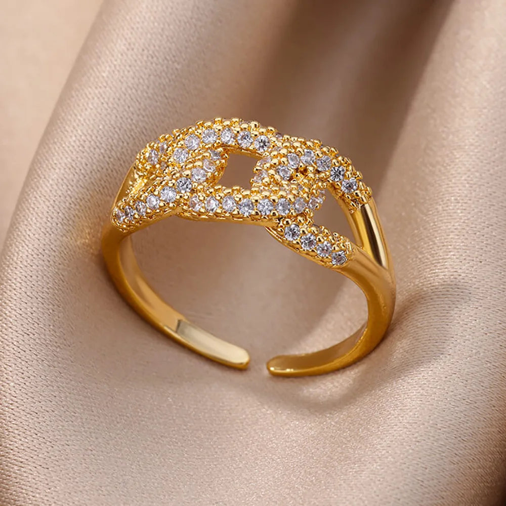 Gold Plated Crystal Zircon Ring - Chain Geometry Stainless Steel Jewelry