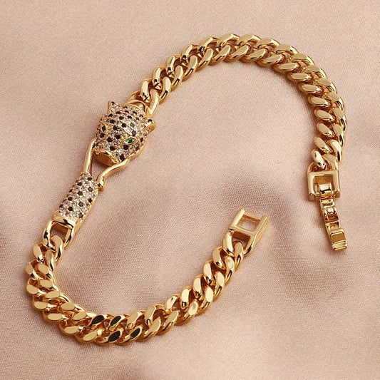 🔥💎 Hip Hop Black Leopard Cuban Chain Bracelet – 18K Gold Plated with CZ Stones 🦁✨