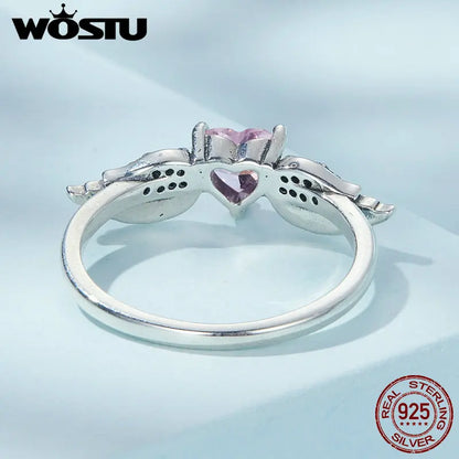 💍 WOSTU 925 Sterling Silver Angel Wing 💗 Pink Crystal Heart Ring for Women 👩✨ Wedding 💒 Engagement 💍 Fine CZ Jewelry Gift 🎁