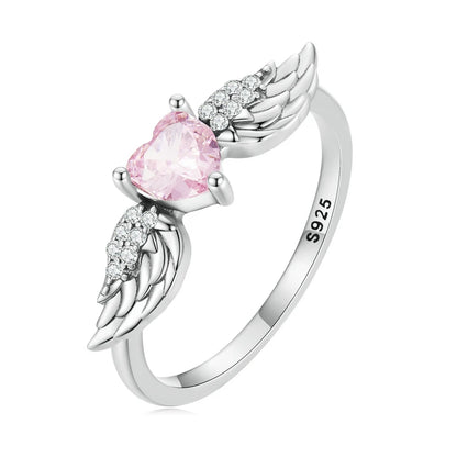 💍 WOSTU 925 Sterling Silver Angel Wing 💗 Pink Crystal Heart Ring for Women 👩✨ Wedding 💒 Engagement 💍 Fine CZ Jewelry Gift 🎁