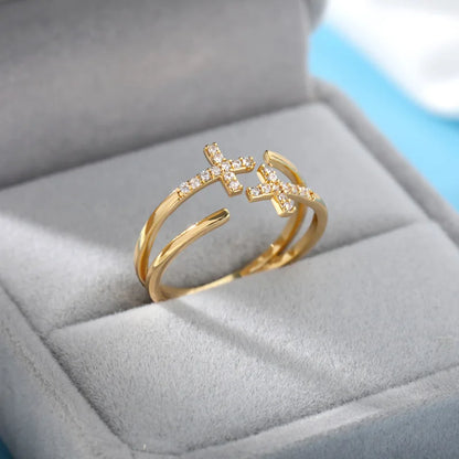 Gold Plated Crystal Zircon Ring - Chain Geometry Stainless Steel Jewelry