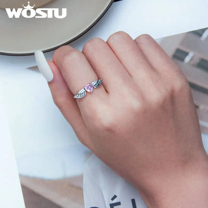 💍 WOSTU 925 Sterling Silver Angel Wing 💗 Pink Crystal Heart Ring for Women 👩✨ Wedding 💒 Engagement 💍 Fine CZ Jewelry Gift 🎁