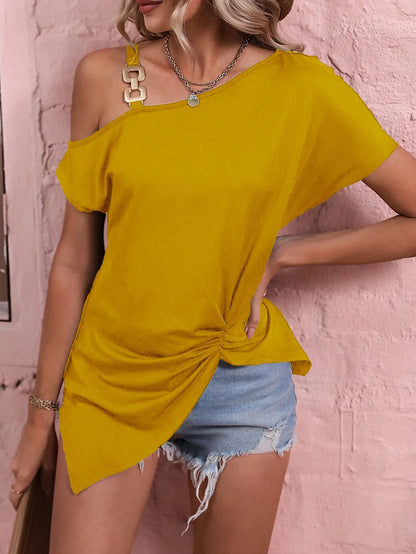 Women's Off Shoulder Asymmetrical T-Shirt - Sequined Drop Shoulder Top