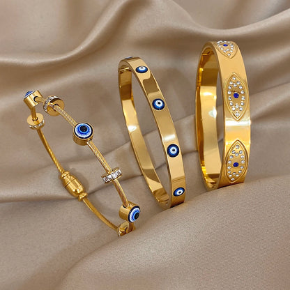 Turkish Evil Eye Rhinestone Stainless Steel Cuff Bracelet for Women, Gold-Plated Waterproof Charm Jewelry