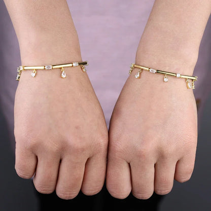 💛✨ 2025 Bling Geometric CZ Drop Charm Bracelet – Gold Bamboo Link Chain ✨💎