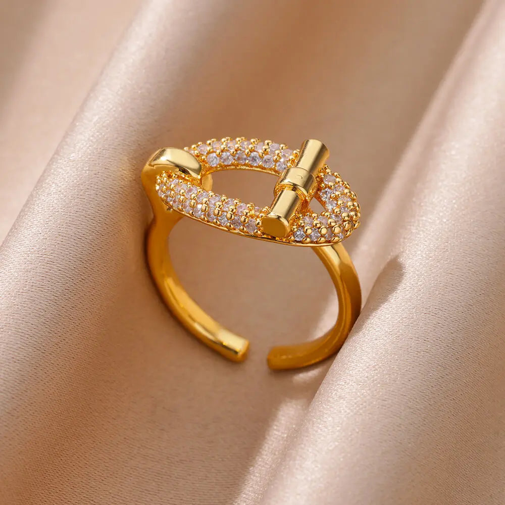 Gold Plated Crystal Zircon Ring - Chain Geometry Stainless Steel Jewelry
