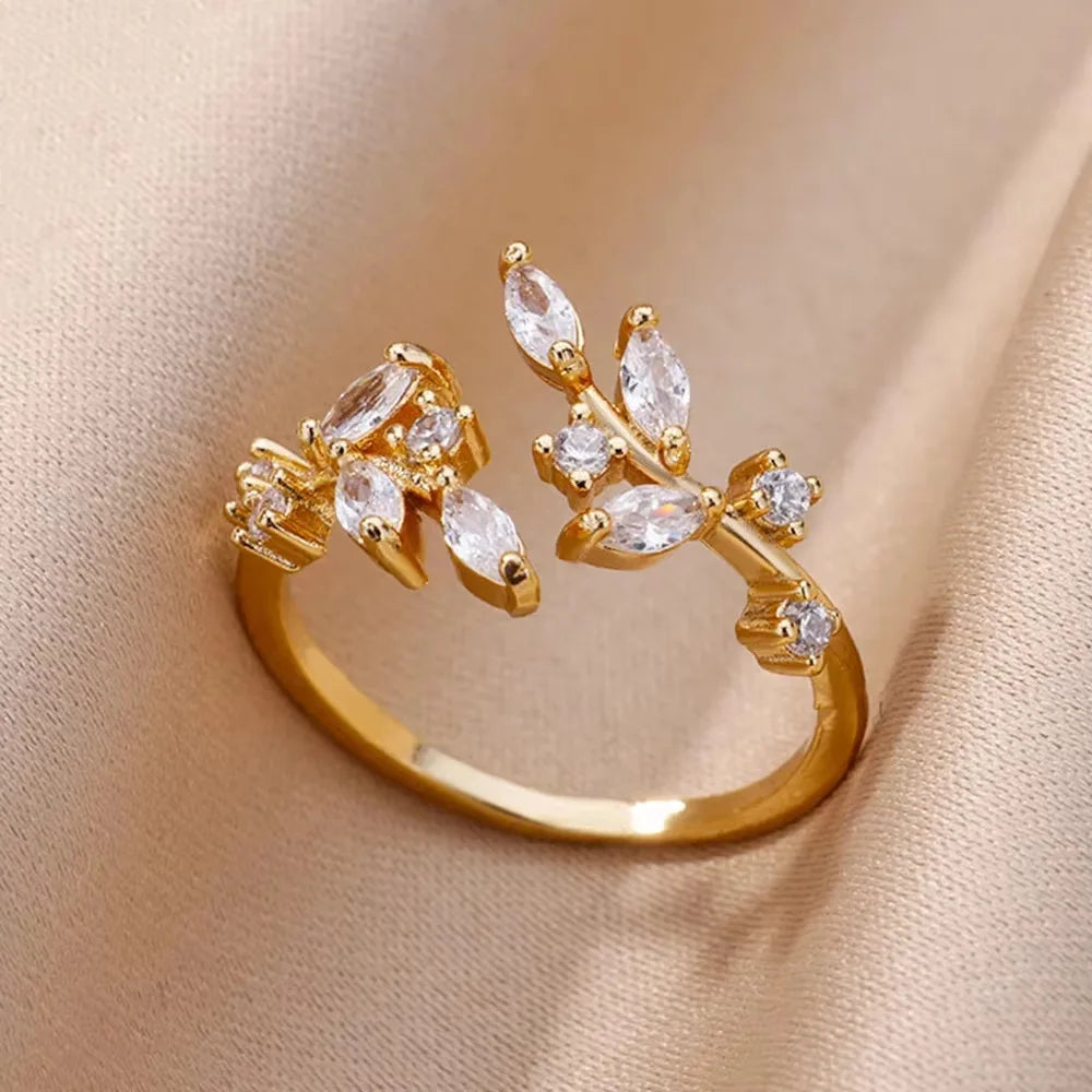 Gold Plated Crystal Zircon Ring - Chain Geometry Stainless Steel Jewelry