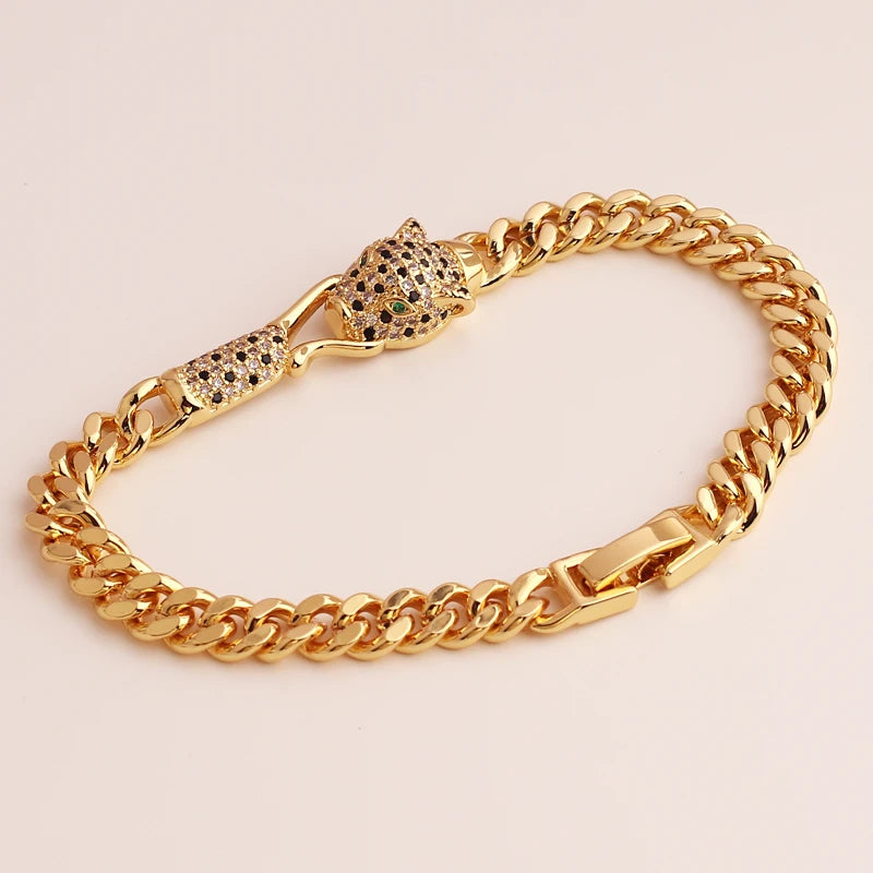 🔥💎 Hip Hop Black Leopard Cuban Chain Bracelet – 18K Gold Plated with CZ Stones 🦁✨