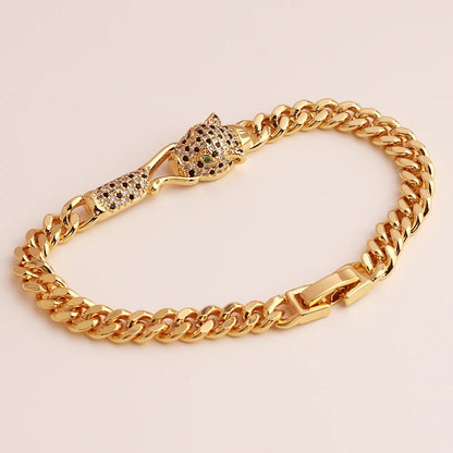 🔥💎 Hip Hop Black Leopard Cuban Chain Bracelet – 18K Gold Plated with CZ Stones 🦁✨
