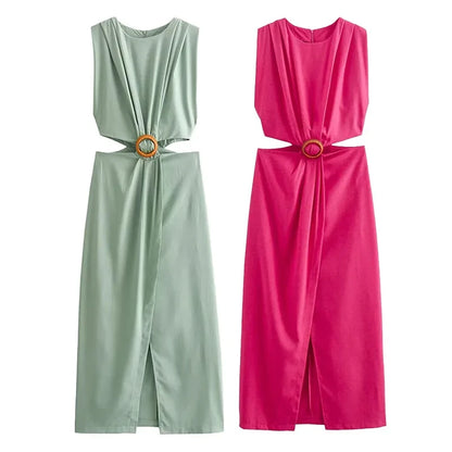 Women's Hollow Out Slit Long Dress - O-Neck Sleeveless Beach Dress
