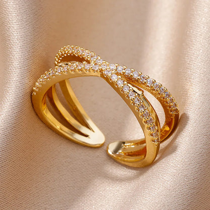 Gold Plated Crystal Zircon Ring - Chain Geometry Stainless Steel Jewelry