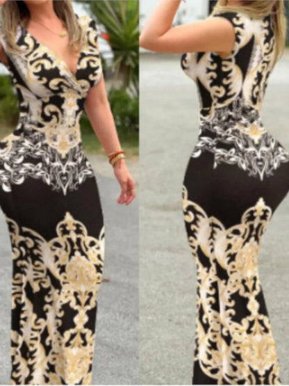 Women's V-Neck Bodycon Maxi Dress – Sleeveless Print