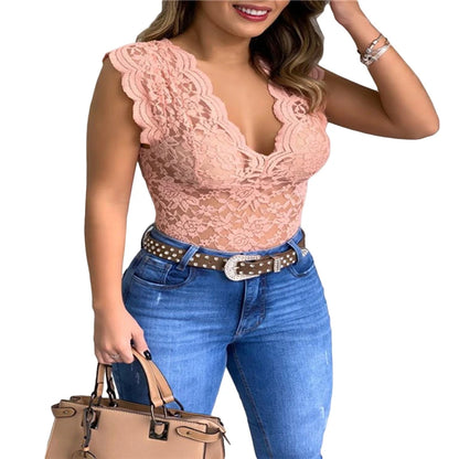 Women's V-Neck Lace Hollow-Out Tank Top - Elegant Sleeveless Clubwear Vest