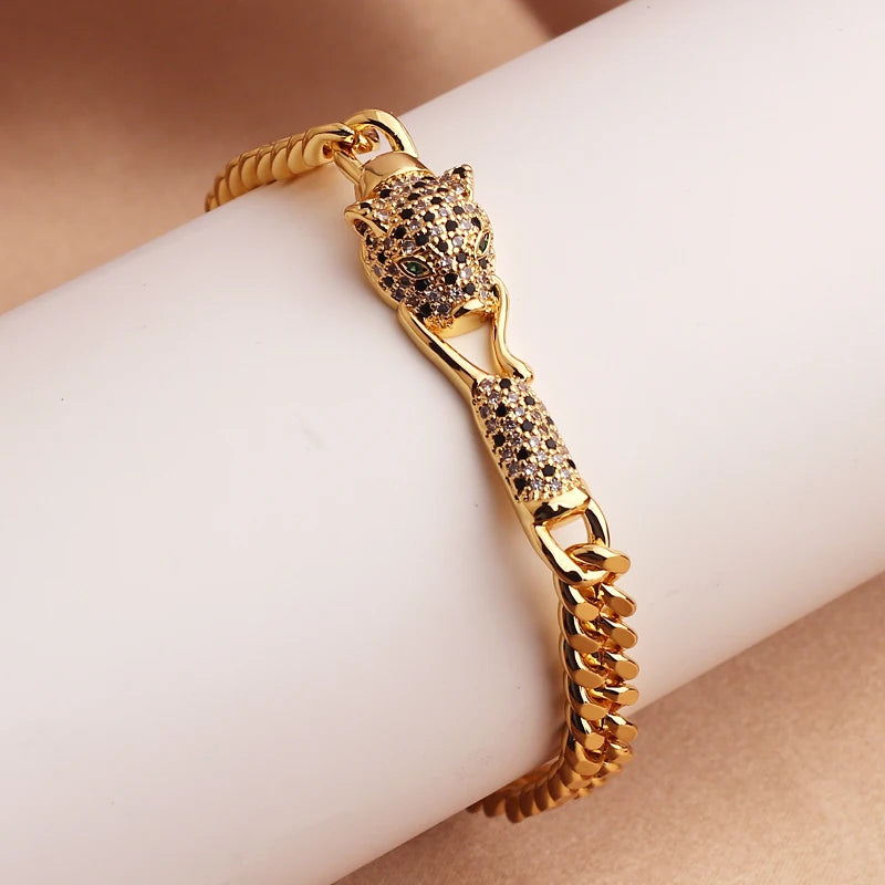 🔥💎 Hip Hop Black Leopard Cuban Chain Bracelet – 18K Gold Plated with CZ Stones 🦁✨