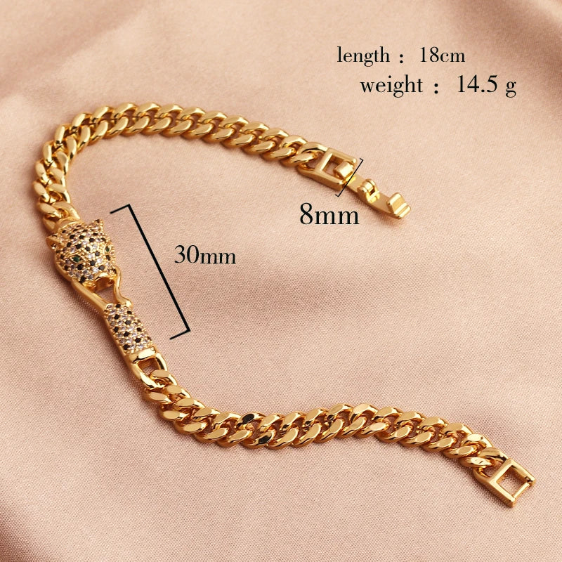 🔥💎 Hip Hop Black Leopard Cuban Chain Bracelet – 18K Gold Plated with CZ Stones 🦁✨