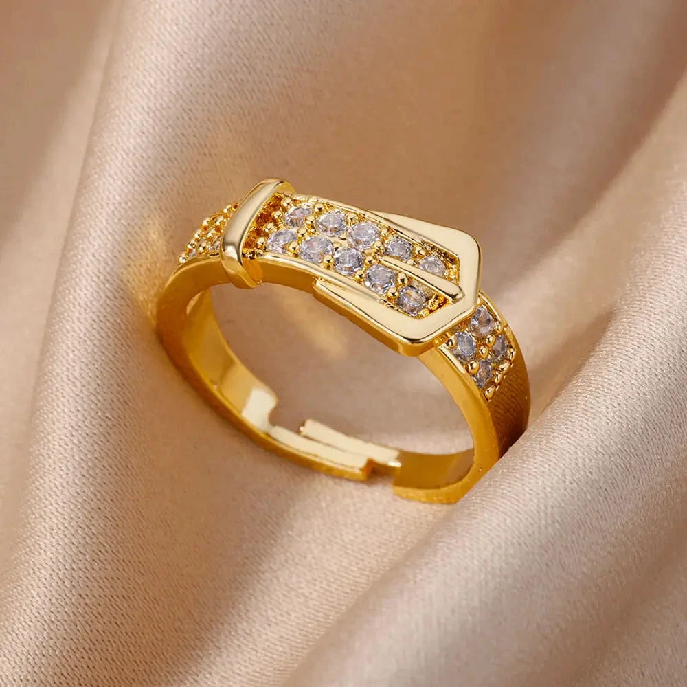 Gold Plated Crystal Zircon Ring - Chain Geometry Stainless Steel Jewelry