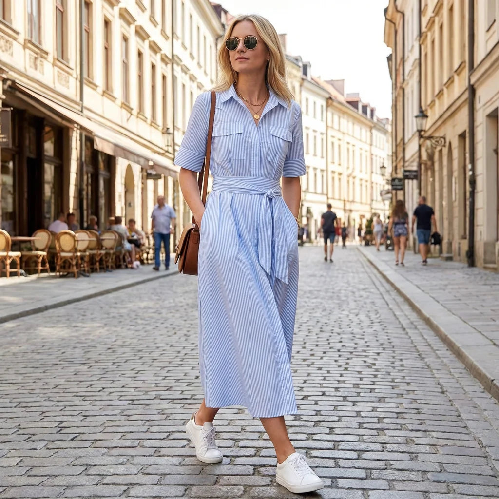 Women's Striped Shirt Dress - High Waist A-Line Short Sleeve Loose Fit
