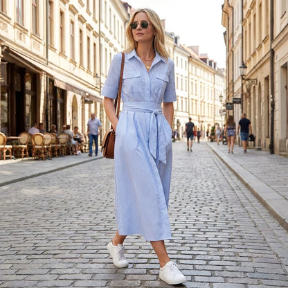 Women's Striped Shirt Dress - High Waist A-Line Short Sleeve Loose Fit