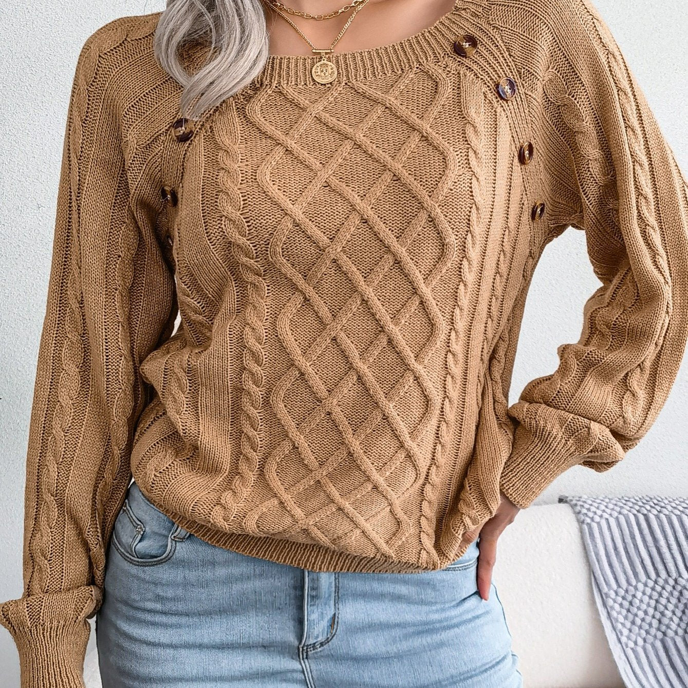 Autumn/Winter European & American Casual Solid Color Square Neck Button Twist Long Sleeve Sweater