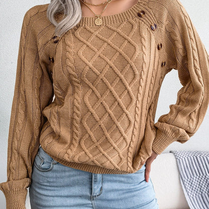 Autumn/Winter European & American Casual Solid Color Square Neck Button Twist Long Sleeve Sweater