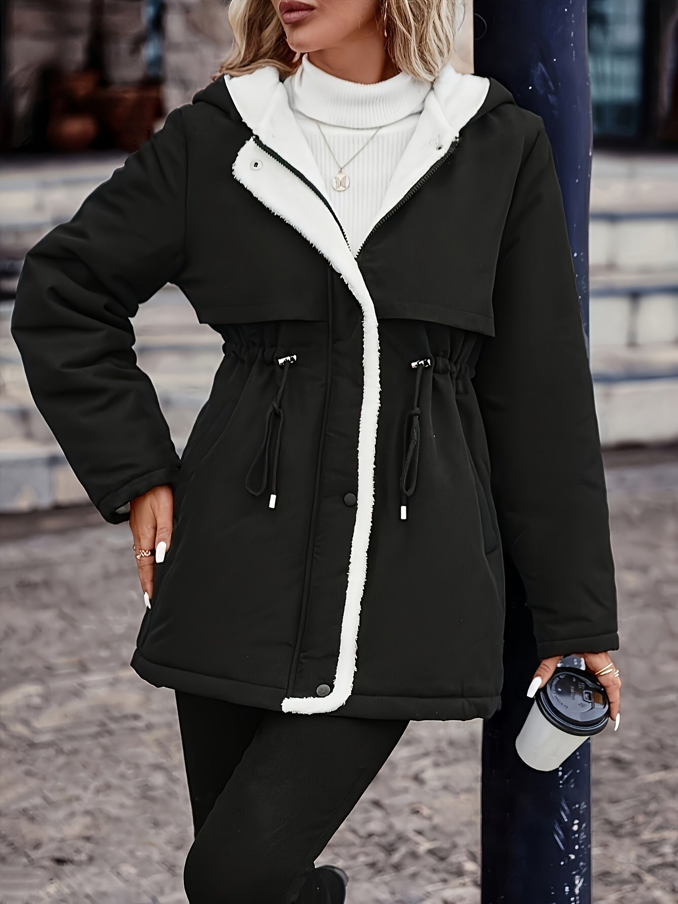 🧥❄️ Women’s Cozy Fleece-Lined Hooded Winter Coat 🔥 Thick & Warm | 🔒 Zip-Up Hood | 🎀 Drawstring Waist 🖤 Black | ⛄ Perfect for Cold Weather | 🌟 Stylish Winter Jacket