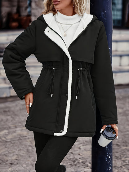 🧥❄️ Women’s Cozy Fleece-Lined Hooded Winter Coat 🔥 Thick & Warm | 🔒 Zip-Up Hood | 🎀 Drawstring Waist 🖤 Black | ⛄ Perfect for Cold Weather | 🌟 Stylish Winter Jacket
