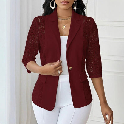 Women’s Elegant Lace Hollow-Out Jacket – Solid Color, 3/4 Sleeves