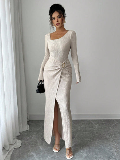 Women’s Irregular Neckline Knitted Long Dress – Autumn & Winter Solid Color Style