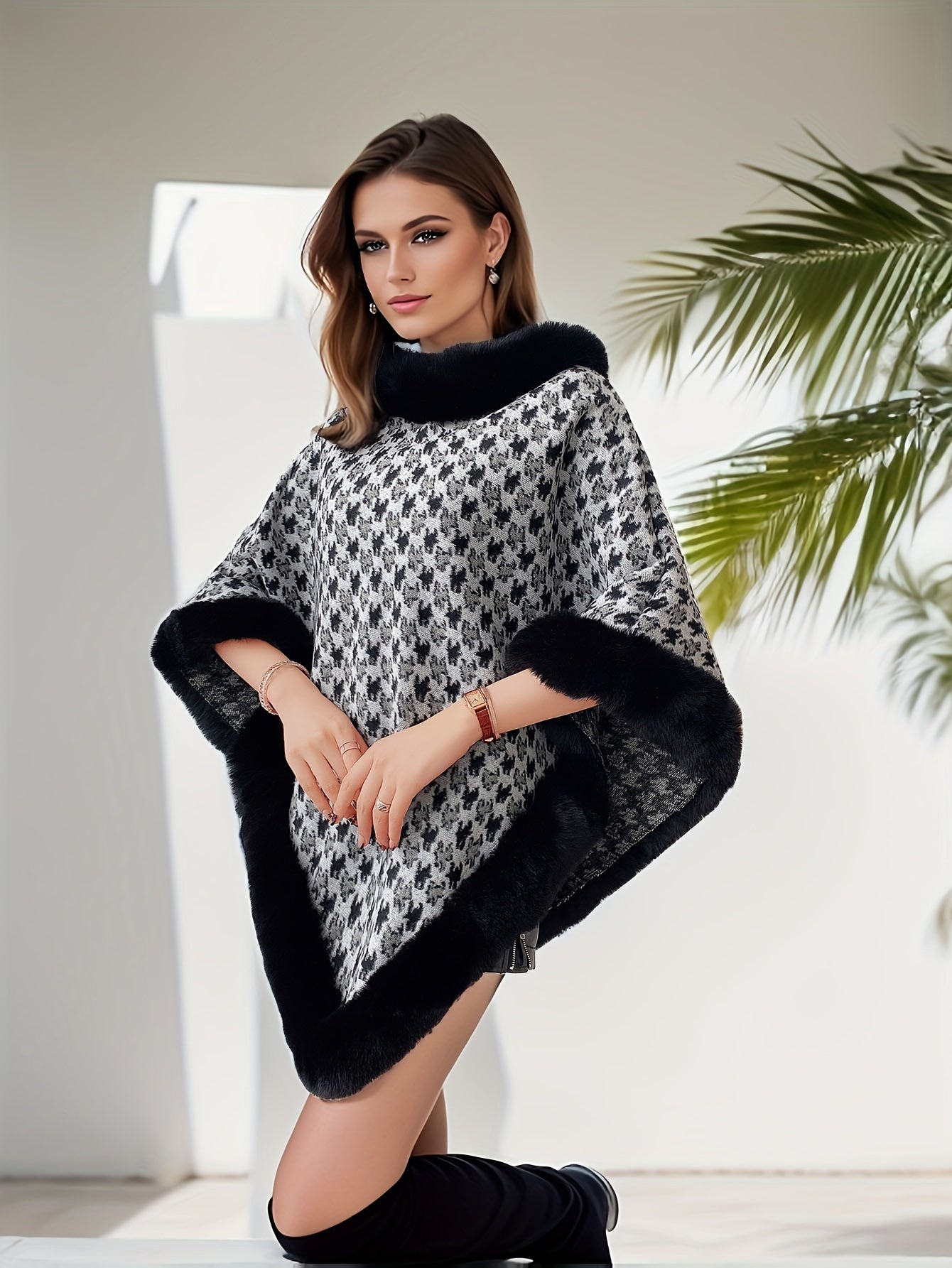 ✨ Women’s Houndstooth Cape-Style Poncho Coat – Faux Fur Trim Short Winter Wrap ❄️🧥 Elegant Black & White Warm Shawl for Fall & Winter 🍂❄️ Middle Eastern–Inspired Cape Design for Chic, Luxurious Style ✨
