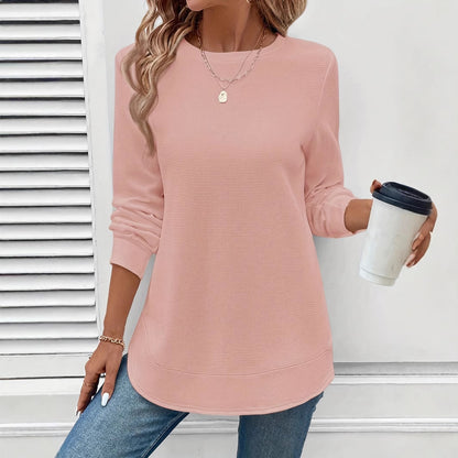 Women’s Long Sleeve Waffle Texture Top – Solid Color, Round Neck