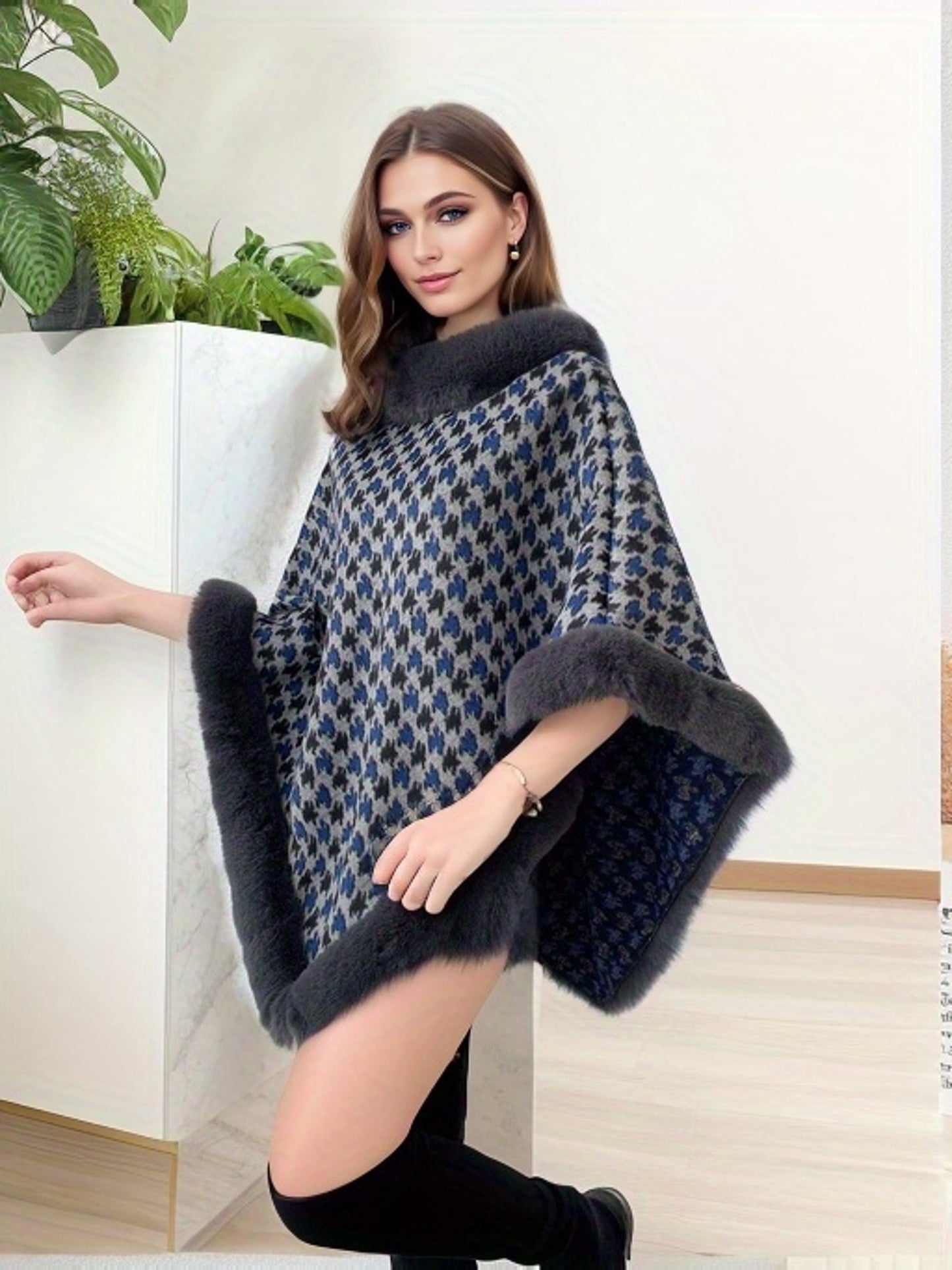 ✨ Women’s Houndstooth Cape-Style Poncho Coat – Faux Fur Trim Short Winter Wrap ❄️🧥 Elegant Black & White Warm Shawl for Fall & Winter 🍂❄️ Middle Eastern–Inspired Cape Design for Chic, Luxurious Style ✨
