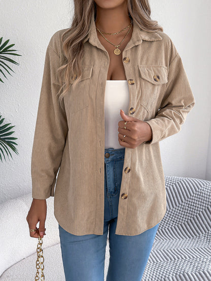 Women’s Faux Pocket Corduroy Jacket – Long Sleeve Mid-Length Styl
