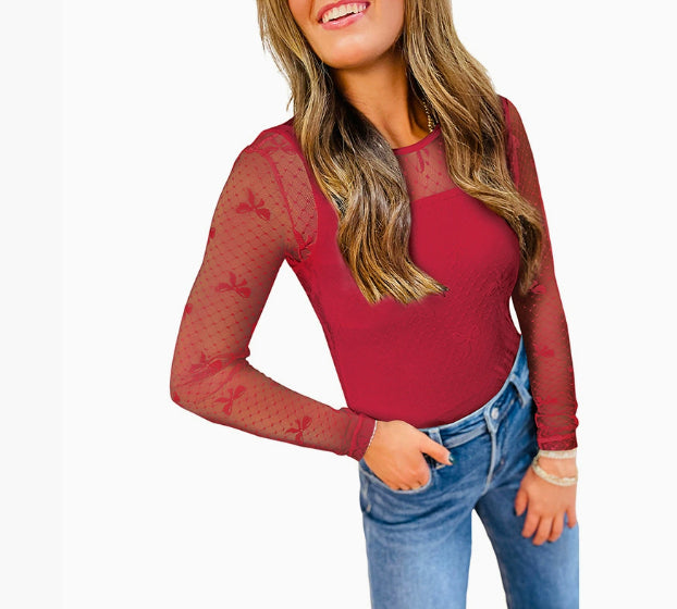 Autumn New Bow Print Long-sleeved T-shirt For Women