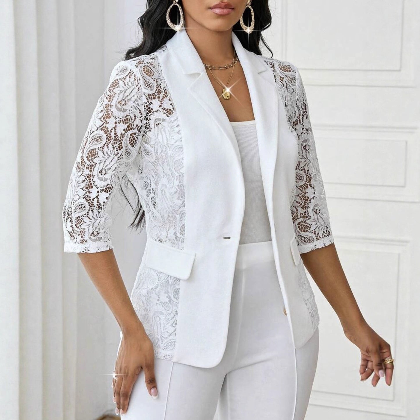 Women’s Elegant Lace Hollow-Out Jacket – Solid Color, 3/4 Sleeves