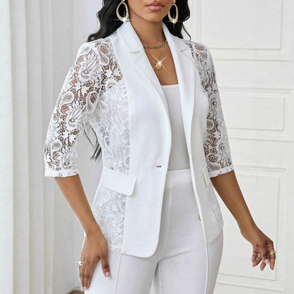 Women’s Elegant Lace Hollow-Out Jacket – Solid Color, 3/4 Sleeves
