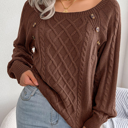 Autumn/Winter European & American Casual Solid Color Square Neck Button Twist Long Sleeve Sweater