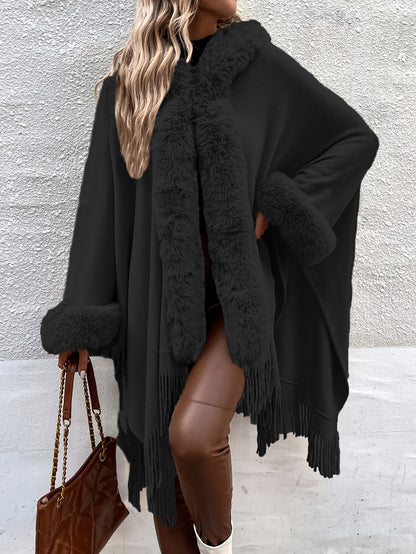 🧥✨ Women’s Elegant Hooded Cape Coat 🌟 V-Neck | 👚 Long Sleeves | 🎀 Fringe Trim | 🤎 Brown ❄️ All-Season Outerwear | 💃 Casual to Formal | 🌟 Sophisticated Winter Style