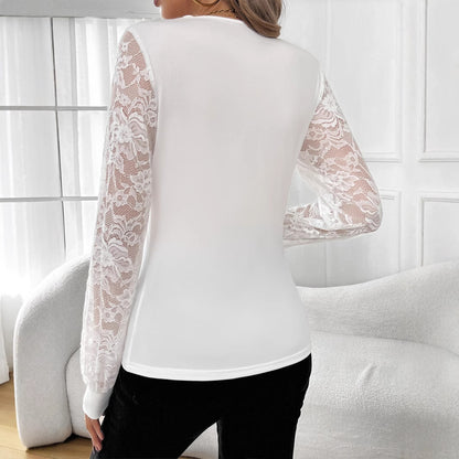 Women’s Elegant V-Neck Lace Stitching T-Shirt with Rhinestones & Lantern Sleeves