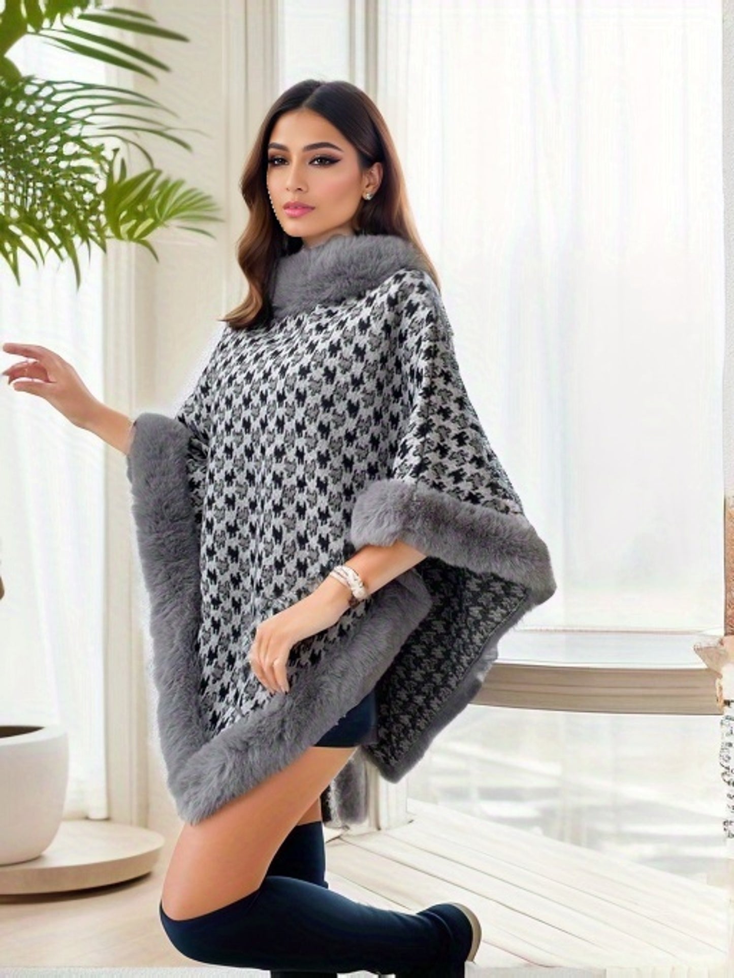 ✨ Women’s Houndstooth Cape-Style Poncho Coat – Faux Fur Trim Short Winter Wrap ❄️🧥 Elegant Black & White Warm Shawl for Fall & Winter 🍂❄️ Middle Eastern–Inspired Cape Design for Chic, Luxurious Style ✨