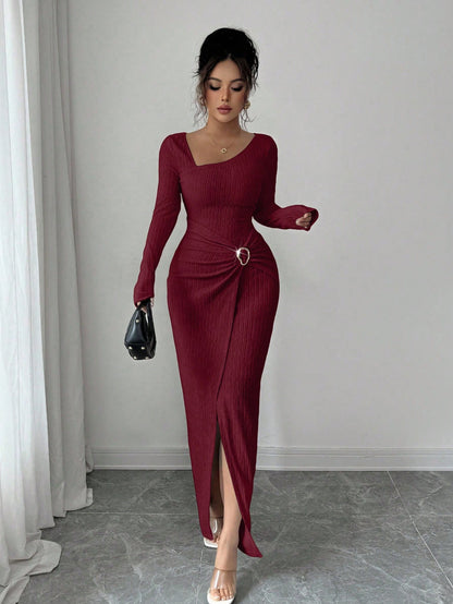 Women’s Irregular Neckline Knitted Long Dress – Autumn & Winter Solid Color Style