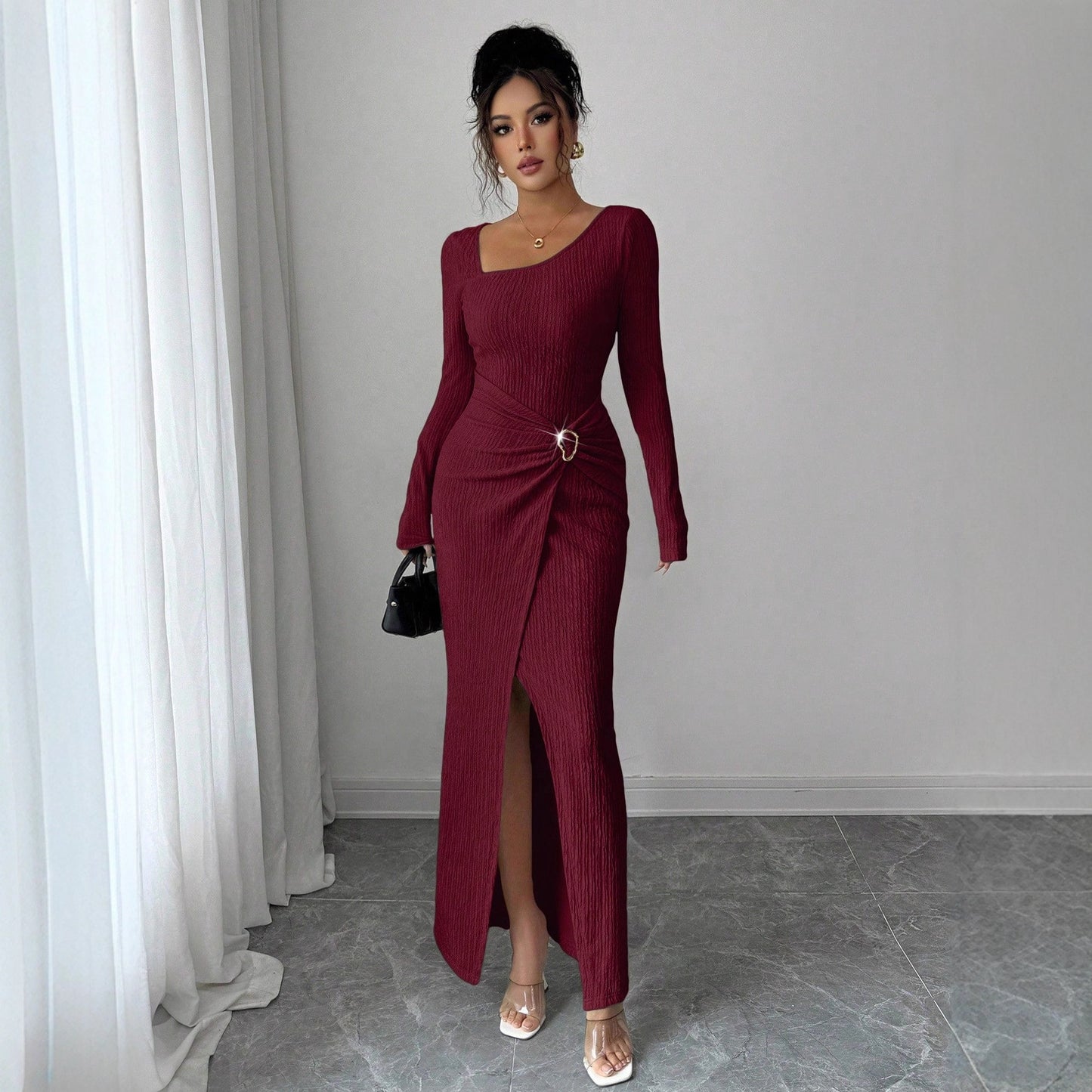 Women’s Irregular Neckline Knitted Long Dress – Autumn & Winter Solid Color Style