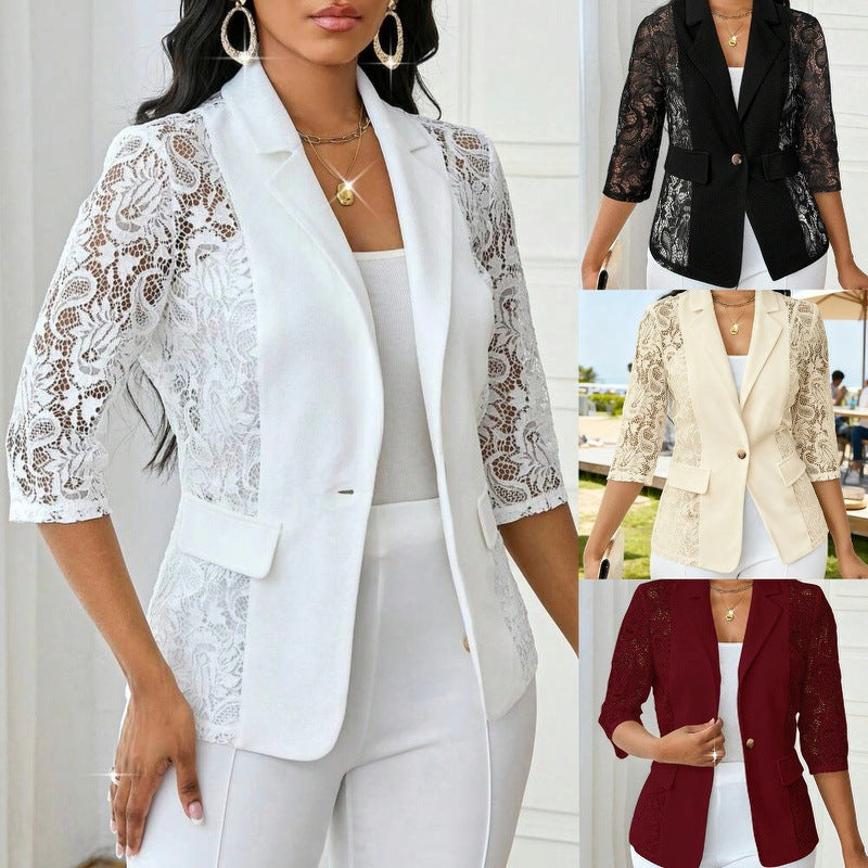 Women’s Elegant Lace Hollow-Out Jacket – Solid Color, 3/4 Sleeves