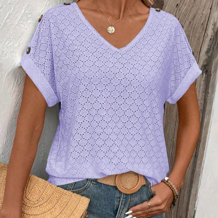 Women’s Solid Color Button Detail Loose Short-Sleeve T-Shirt