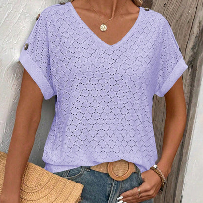 Women’s Solid Color Button Detail Loose Short-Sleeve T-Shirt