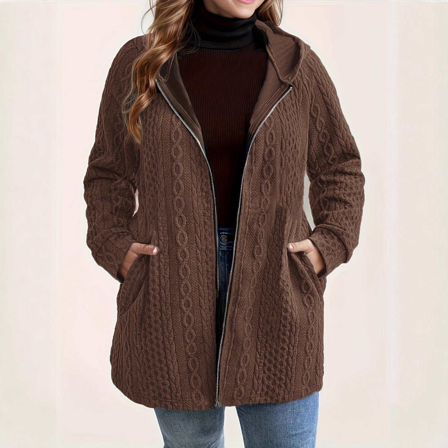 Women’s Hooded Patchwork Coat – Solid Color Wavy Pattern with Pockets